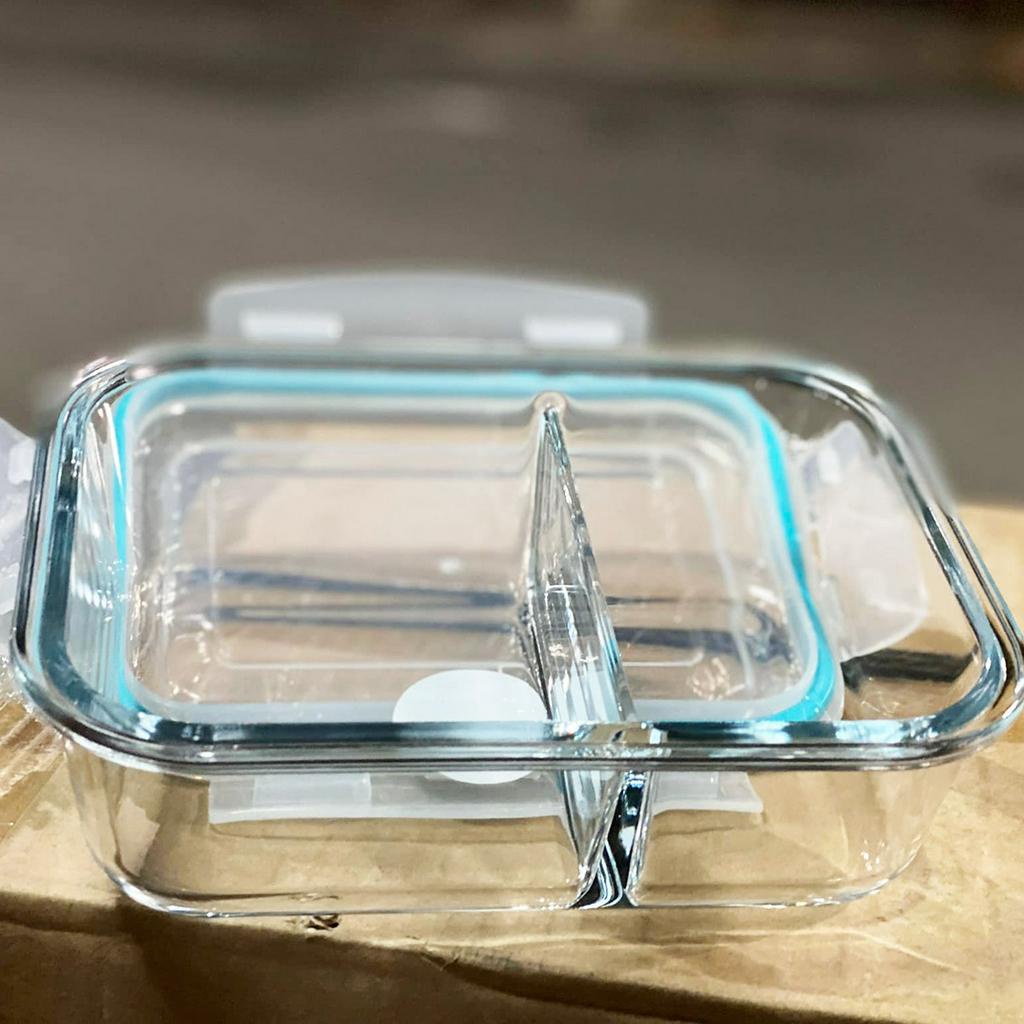 Hộp Thuỷ Tinh 2 Ngăn Thể Tích 1 Lít, Nắp Silicon có ron chống đổ