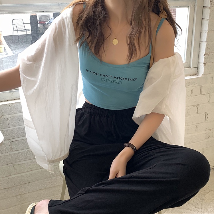 Áo 2 dây croptop Cổ chữ U In chữ Mùa Hè Đi biển Ulzzang Hàn Quốc Áo dây nữ Cao cấp phối Blazer Thời trang