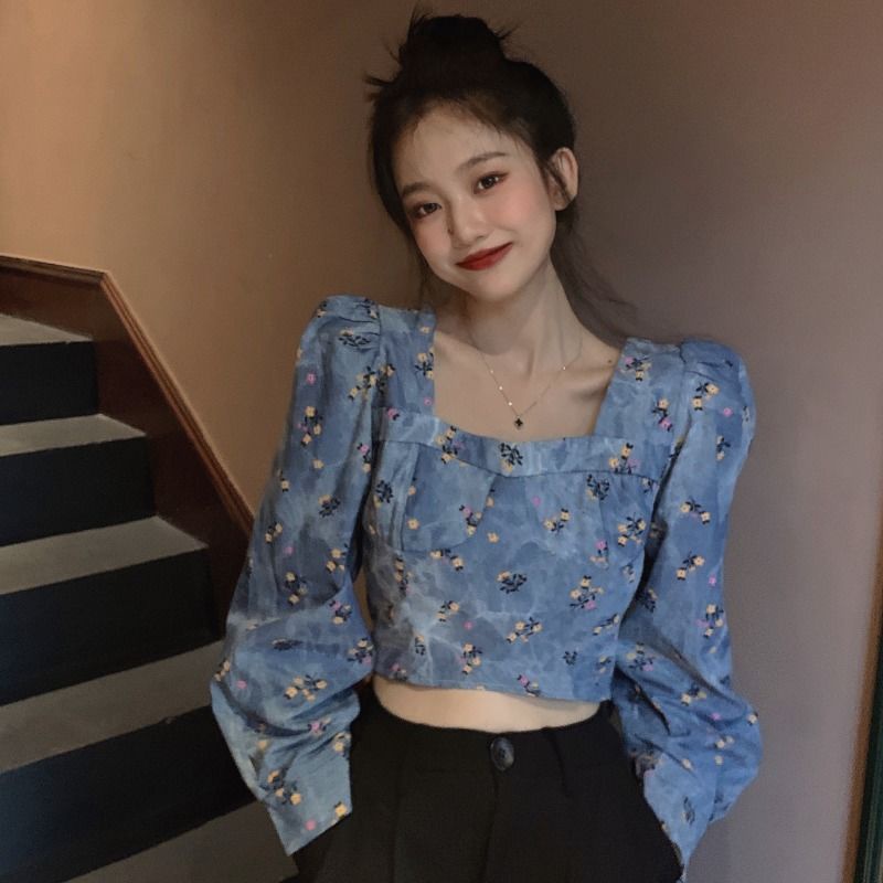 Áo sơ mi Denim cổ vuông tay dài bồng hoạ tiết hoa hợp thời trang
