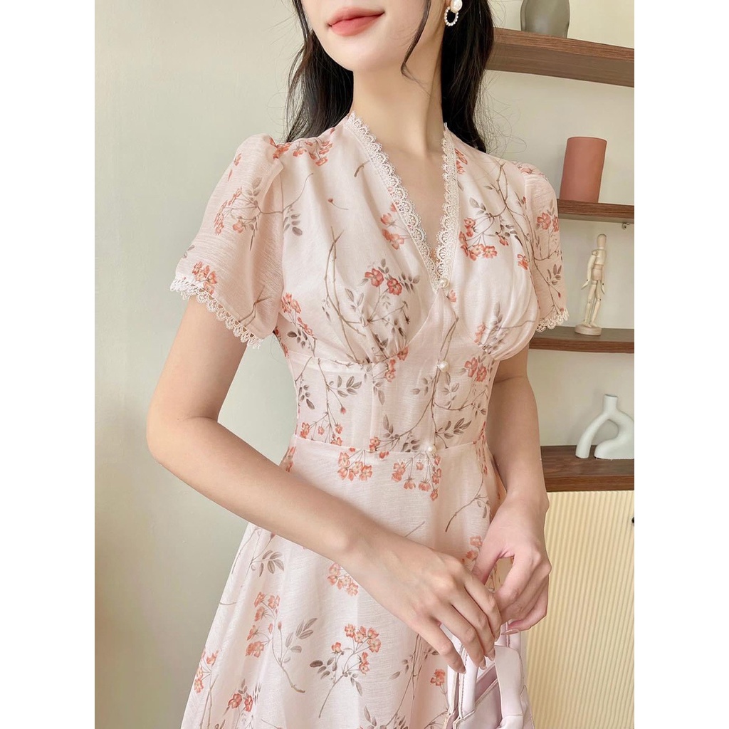 Váy Đầm Nữ Thiết Kế Cao Cấp, Cổ V, Đính Trai