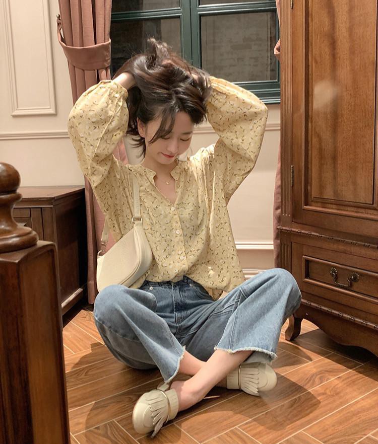 Áo sơ mi SUXI in hoa tay dài kiểu dáng nhẹ nhàng thanh lịch cho nữ