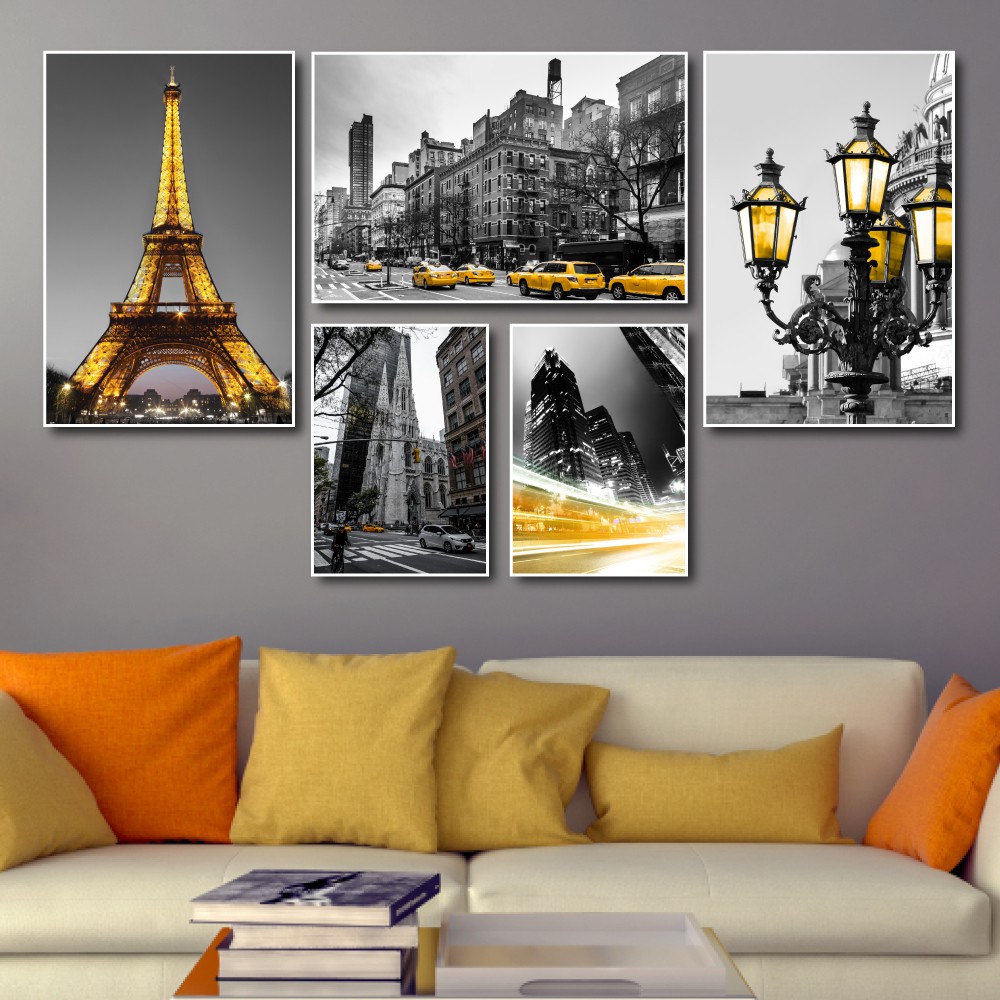 Tranh treo tường canvas Paris sắc vàng decor trang trí phòng khách, phòng ngủ &amp; cầu thang có khung cao cấp khổ lớn 40x60