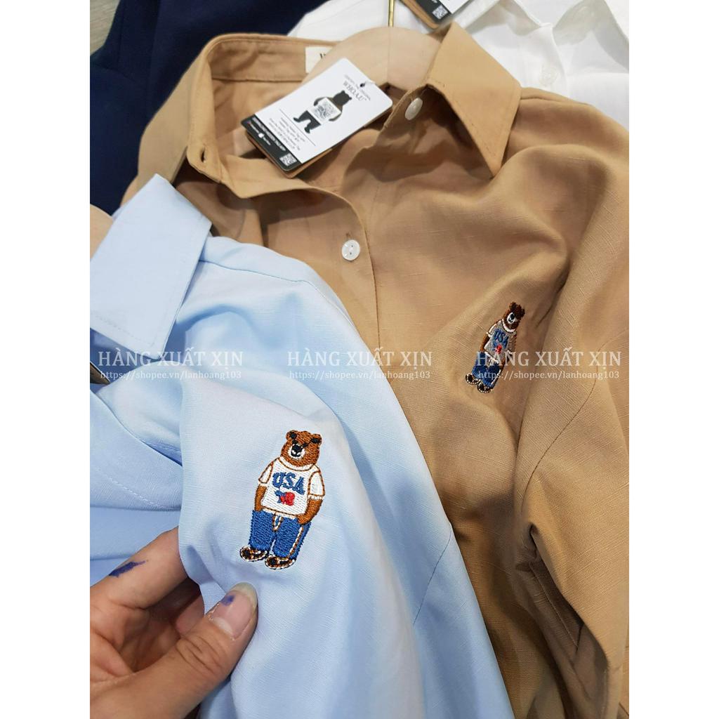 Áo sơ mi nữ cộc tay vải dư mềm mát Sơ mi ngắn tay nữ sơ mi công sở cộc tay xanh đen nâu trắng thêu gấu WHOAU
