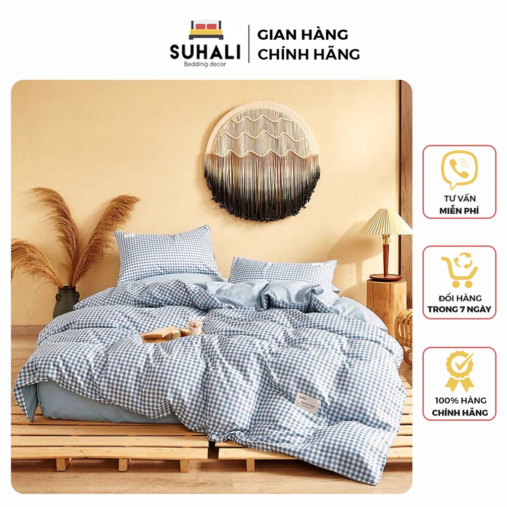 Bộ chăn ga giường cotton tici SUHALI họa tiết kẻ kẻ gồm chăn, ga giường và 2 vỏ gối