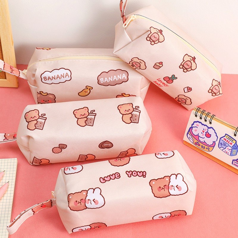 Túi đựng bút vải canvas sức chứa lớn in họa tiết gấu hoạt hình đáng yêu tiện lợi