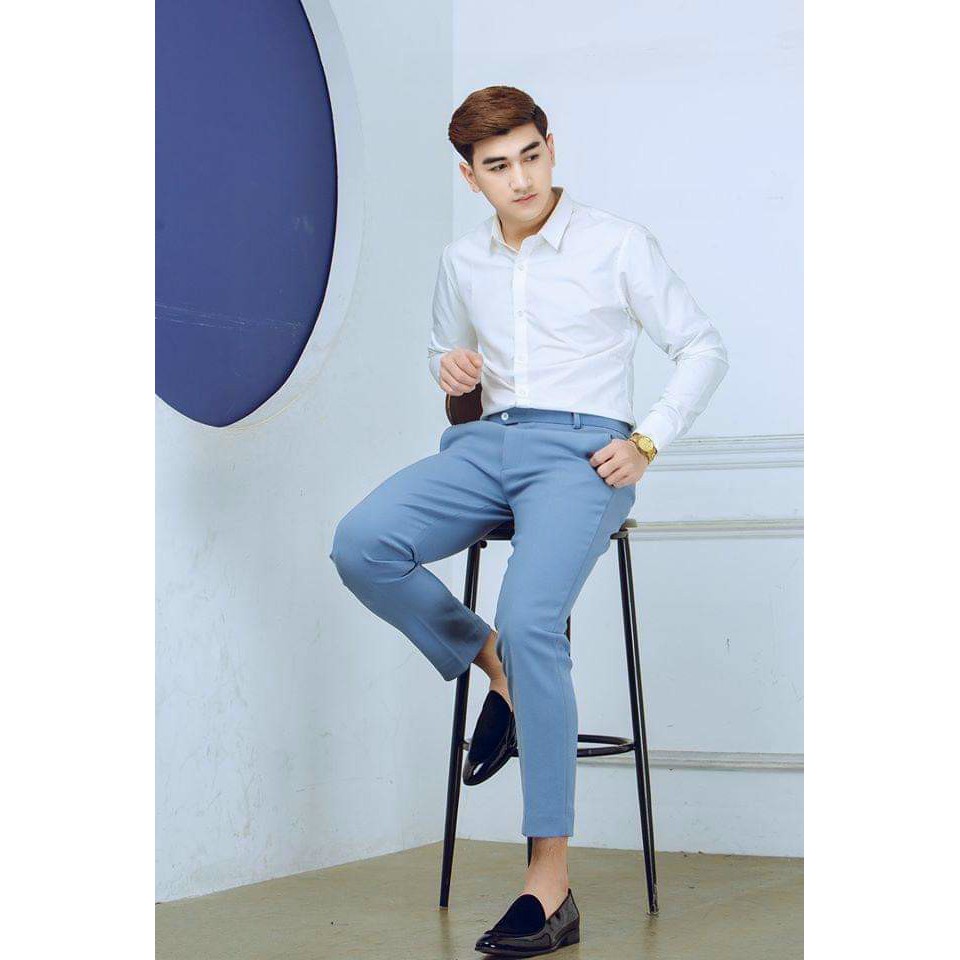 Áo sơ mi nam màu trắng dài tay, chất liệu lụa dày dặn với độ bền cao, thời trang công sở Hàn Quốc.