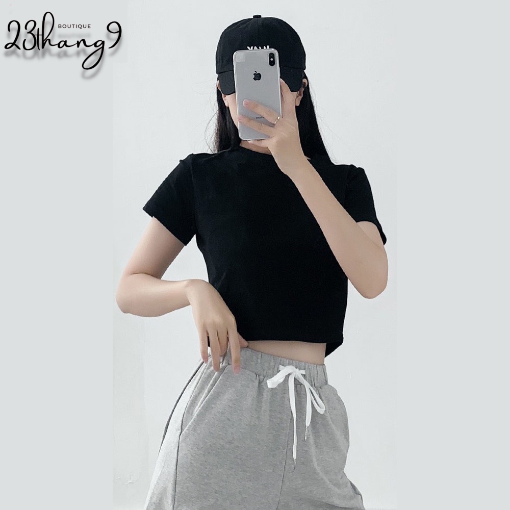 Áo croptop nữ cổ tròn áo ôm body tay ngắn chất vải dày dặn croptop trơn dáng basic đen trắng cá tính sexy 23thang9