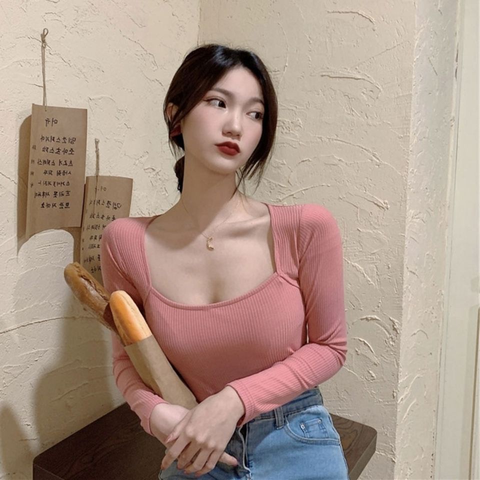 Áo thun COZOK tay dài cổ vuông phong cách Hàn Quốc quyến rũ dành cho nữ