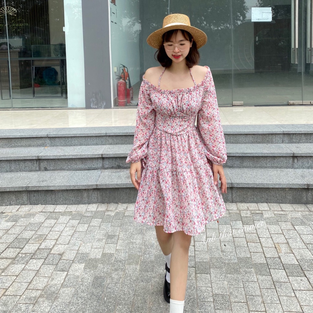 Đầm hoa nhí trễ vai, váy hoa nhí cúp ngực Emmei v131