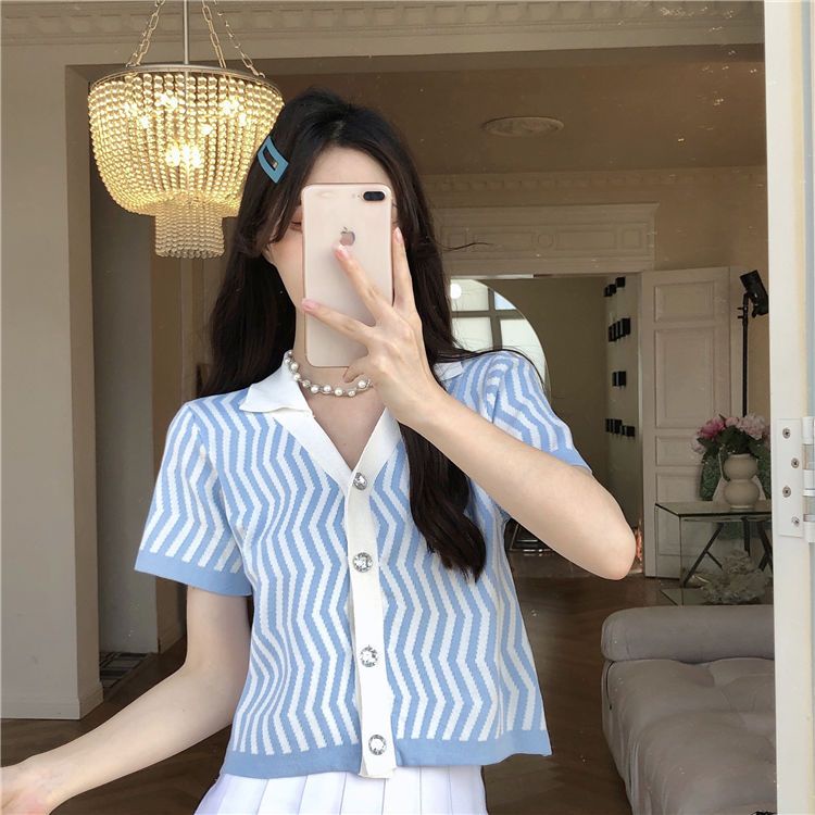 Áo cardigan Dệt Kim Mỏng Cổ POLO Ngắn Tay Họa Tiết Kẻ Sọc Cho Nữ JL-TX-514