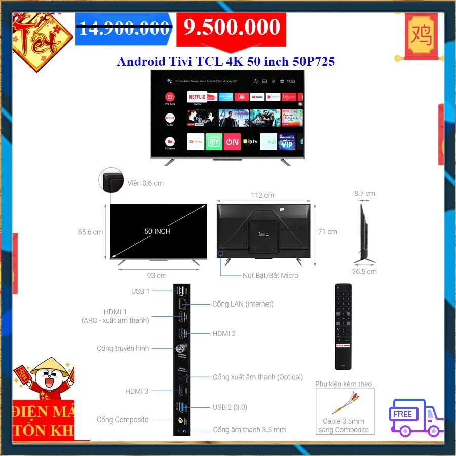 Android Tivi TCL 4K 50 inch 50P725 [FREE SHIP]