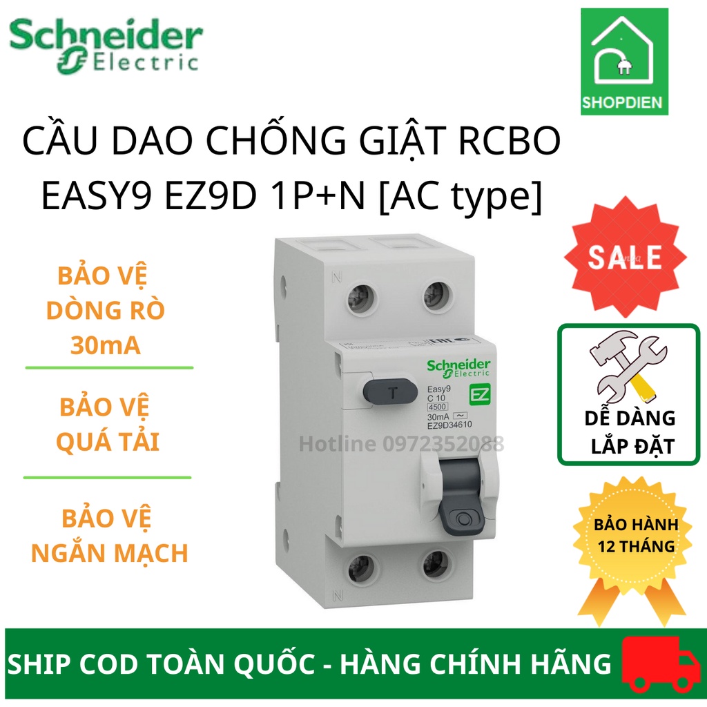 [Sẵn kho] Cầu dao tự động aptomat chống giật (chống dòng rò) Schneider  Easy9 RCBO 1P+N EZ9D34610 /16A/20A/25A /32A