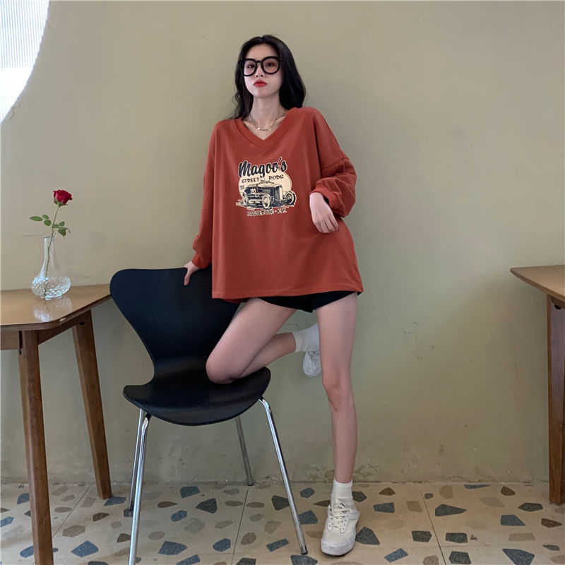 Áo thun dài tay cổ V in họa tiết xinh xắn hợp thời trang cho nữ