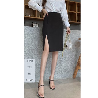 Chân váy công sở dài bigsize màu đen ôm body xẻ trước dài 63cm [size từ 48kg-85kg]