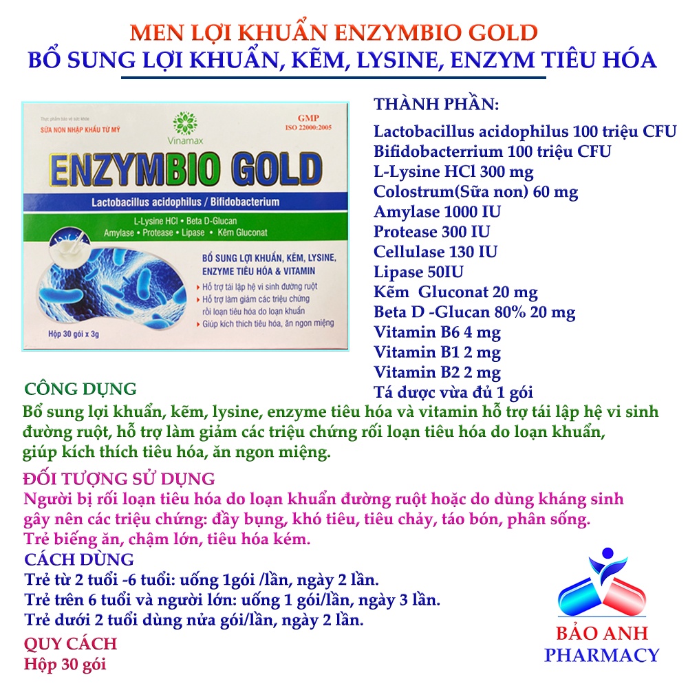 Men vi sinh Enzymbio Gold bổ sung Lợi khuẩn, kẽm, Lysine, Enzym tiêu hóa và Vitamin giúp tái lập hệ vi sinh đường ruột