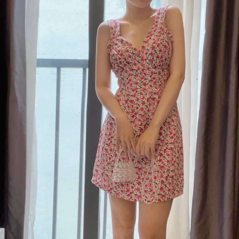 Đầm hoa thiết kế lụa Hàn thiết kế bèo nhún 2 lớp