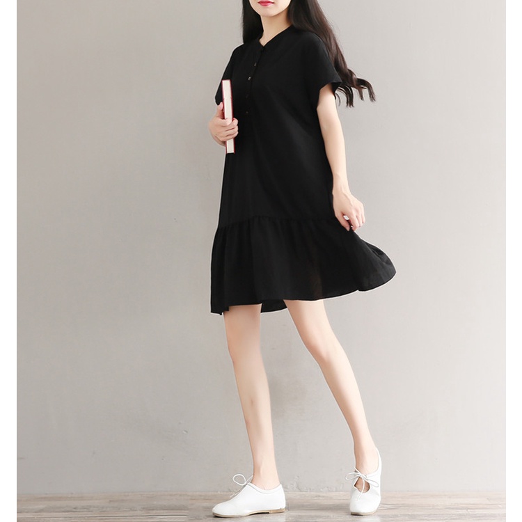 Đầm linen suông đuôi cá cổ tàu chất liệu đũi  ít nhăn