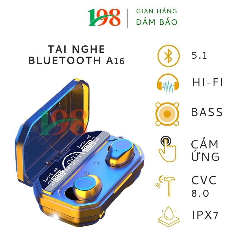 Tai Nghe Bluetooth Nhét Tai A16. Cảm ứng chạm, Âm thanh Hi-Fi, Bass cực chắc khỏe. Tích hợp sạc dự phòng và đèn pin