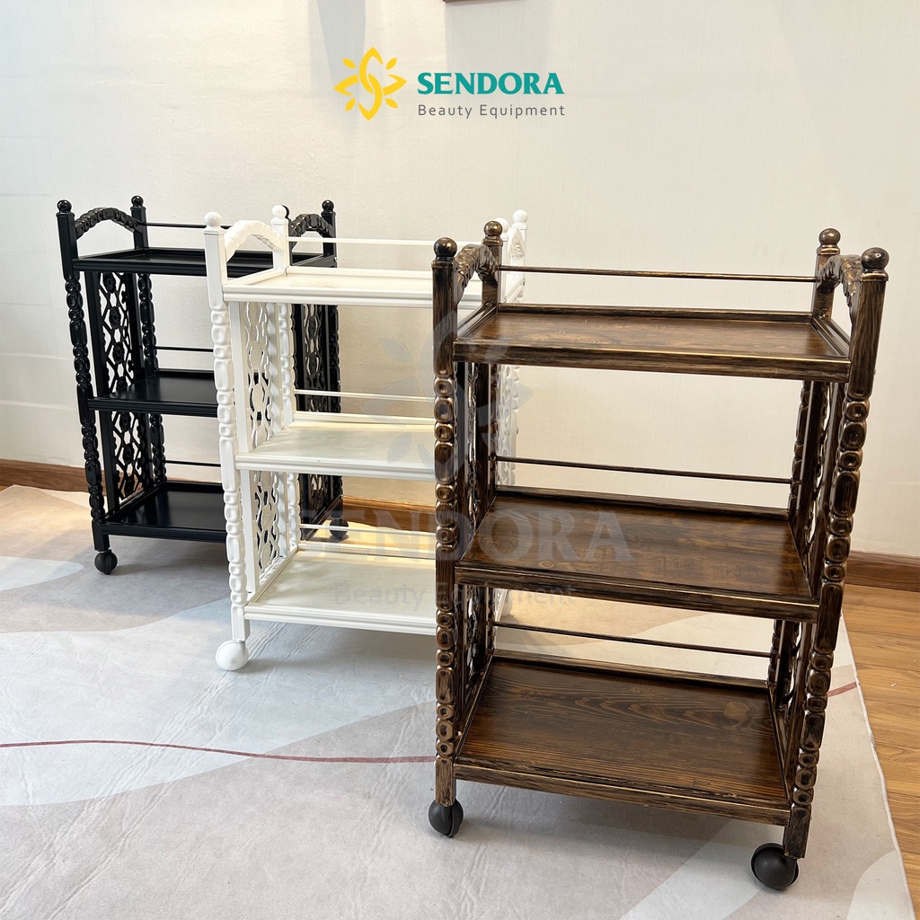 Kệ Spa 3 tầng sang trọng - Xe đẩy Spa nhập khẩu, gỗ cao cấp - Có bánh xe HMTL-5080 Trắng, Vân gỗ, Đen