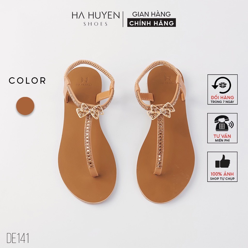 Sandal quai kẹp nữ Hà Huyền Shoes đính nơ đá quai chun thời trang - DE141