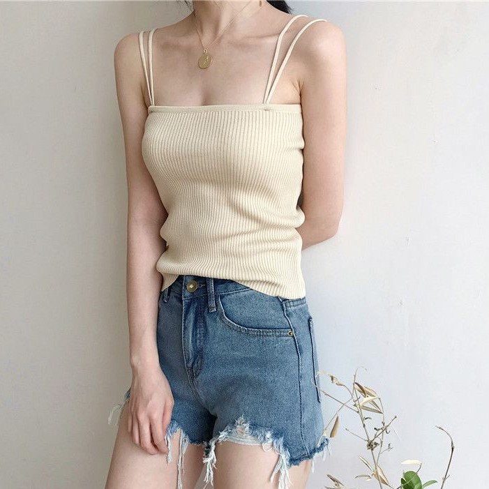 Xj-áo Dệt Kim Hai Dây Ôm Dáng Màu Trơn Họa Tiết Dọc Đơn Giản Phong Cách Hàn Quốc Cho Nữ
