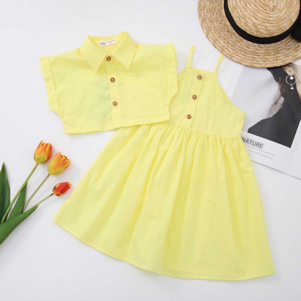 Set đồ bé gái ILABY áo sơ mi kèm váy hai dây chất liệu thô cotton thoáng mát