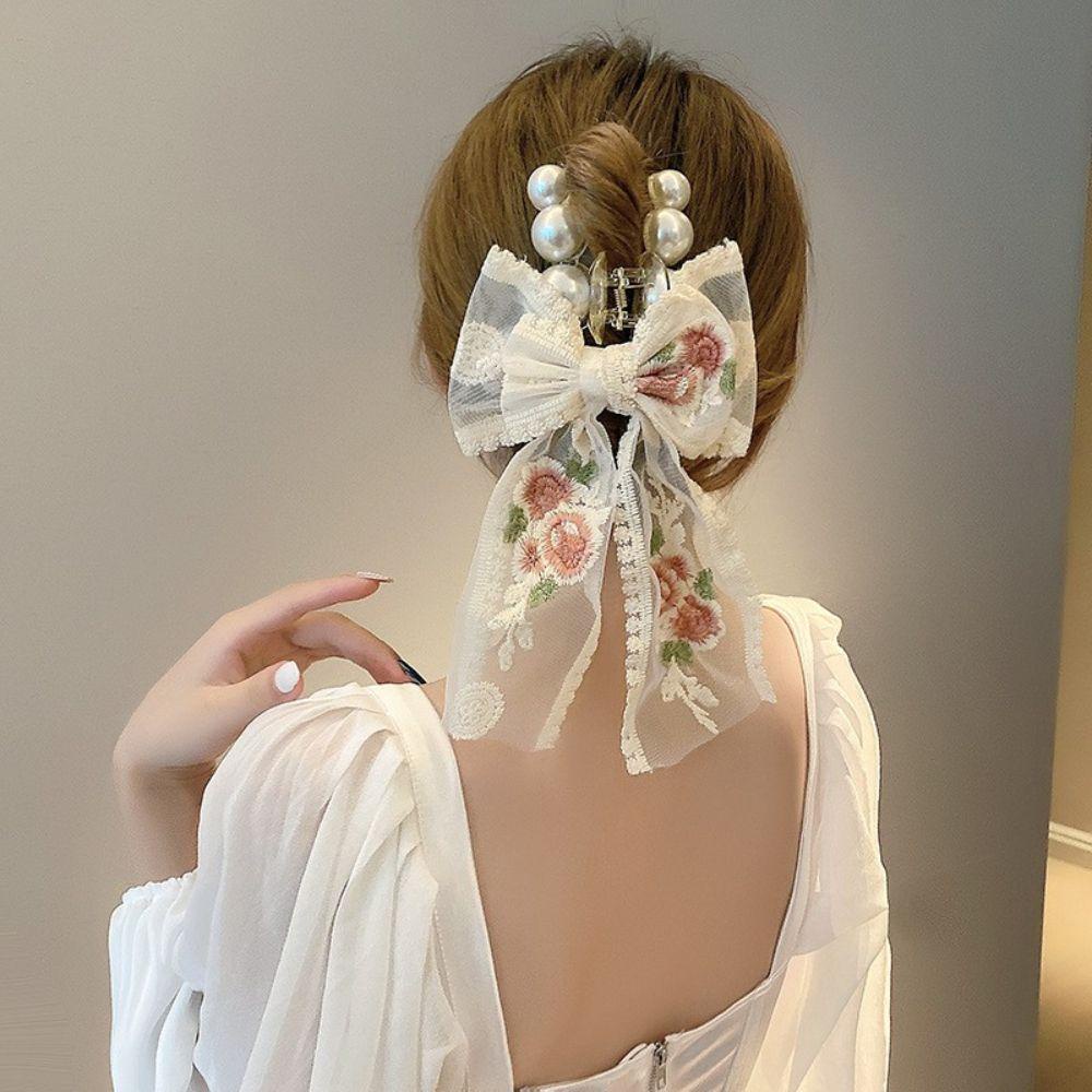 Kẹp Tóc Càng Cua Đính Nơ Ren Hoa Phong Cách Hàn Quốc Thanh Lịch
