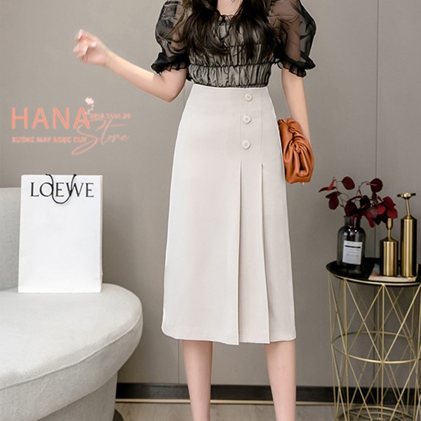 Chân váy công sở dài qua gối dáng chữ A xếp ly bản to khóa sau phối 3 cúc - Màu đen trắng nâu - Vải dày mặc đi tiệc biển | BigBuy360 - bigbuy360.vn
