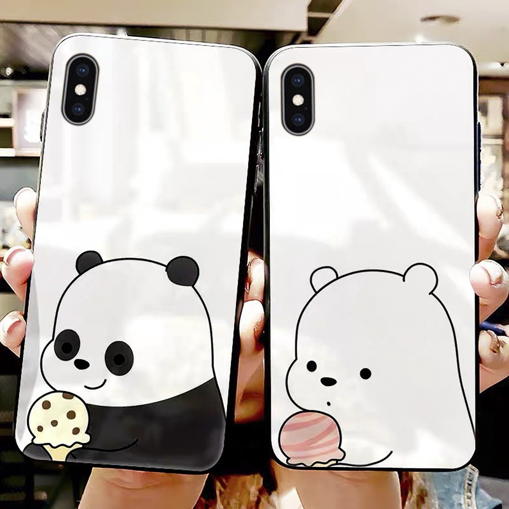 Ốp lưng iphone kính cặp đôi gấu cầm kem case 14plus 14 pro max 13 12 promax 11 mini 6 6s 7 8 plus x xr xs Se