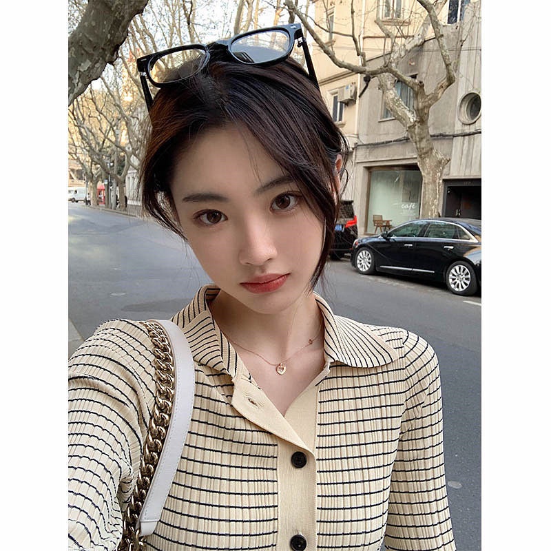 Áo cardigan ZHELIHANGFEI dệt kim cổ bẻ họa tiết kẻ sọc thanh lịch thời trang dành cho nữ