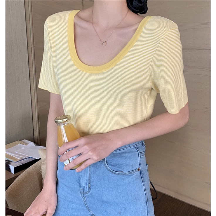 SUXI Áo Thun Tay Ngắn Cổ Chữ U Dáng Rộng Kẻ Sọc Ngang Trẻ Trung Phong Cách Hàn Quốc