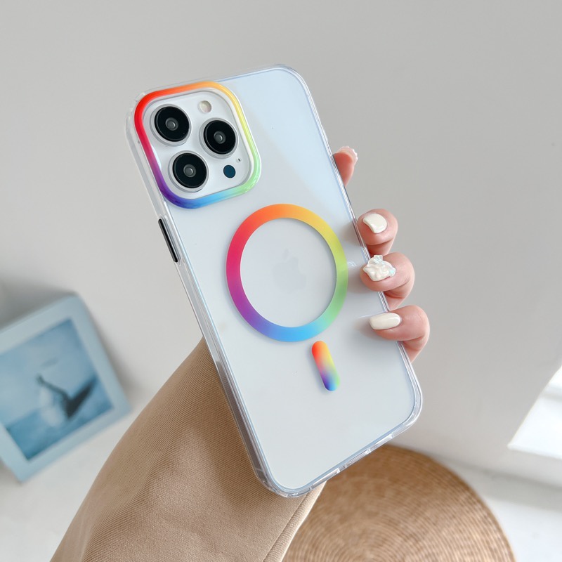 Ốp Điện Thoại PC Từ Tính Trong Suốt Màu Cầu Vồng Mới Cho iPhone 13 13 Pro 13 Pro Max 14 14 Max 14 Pro 14 Pro Max