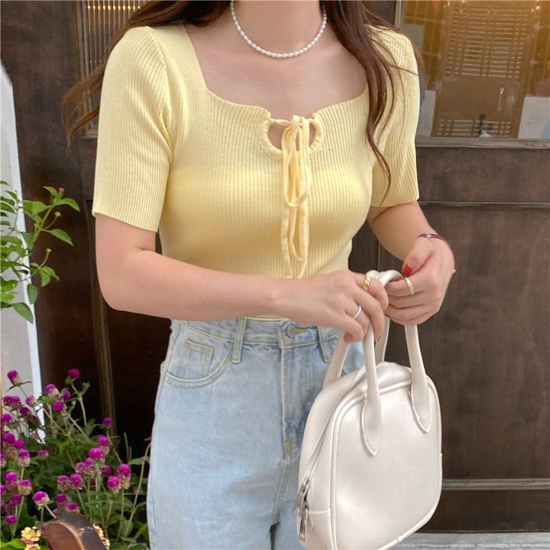 Áo Thun Dệt Kim Dáng Ngắn Phối Dây Buộc Cổ Dễ Phối Đồ