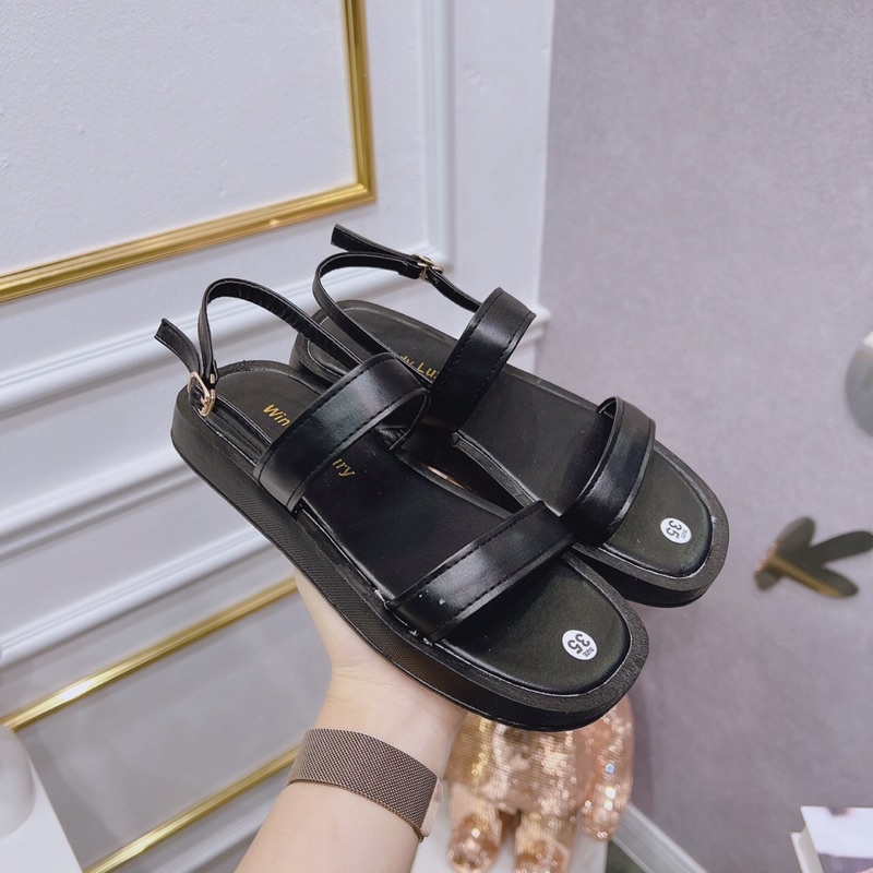 Giày sandal nữ đế bánh mì 2 quai da lì đơn giản dễ đi