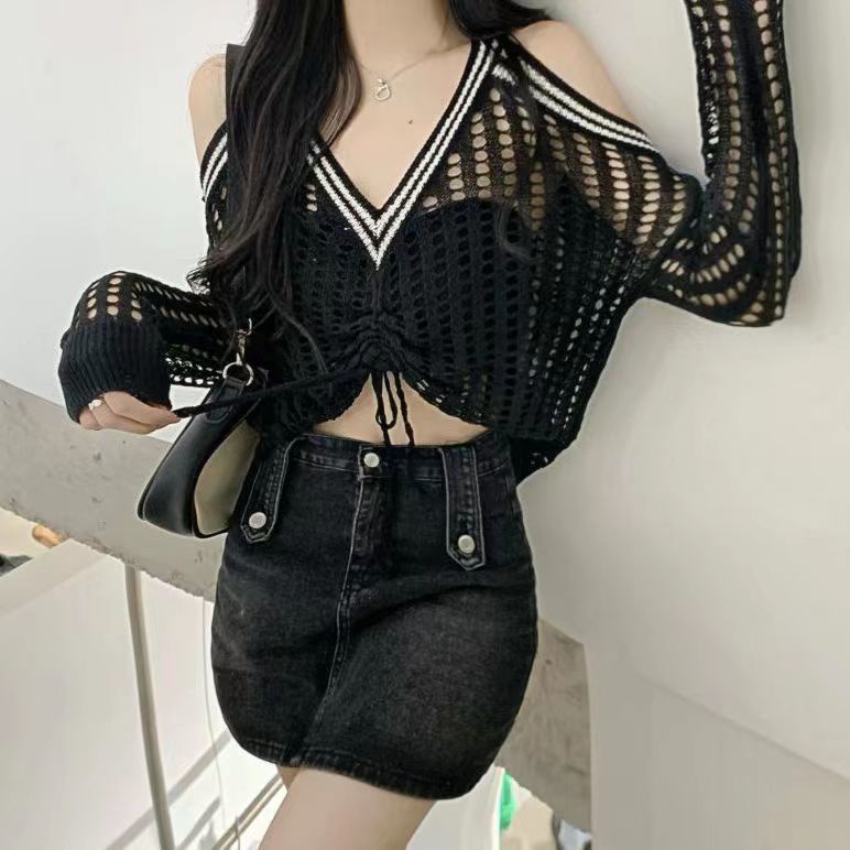 Áo Dệt Kim Trễ Vai Dáng Rộng Cổ Chữ V Thời Trang Cho Nữ