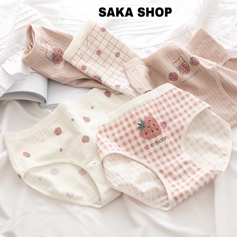 Quần lót nữ thun cotton trái dâu nhiều hoa văn