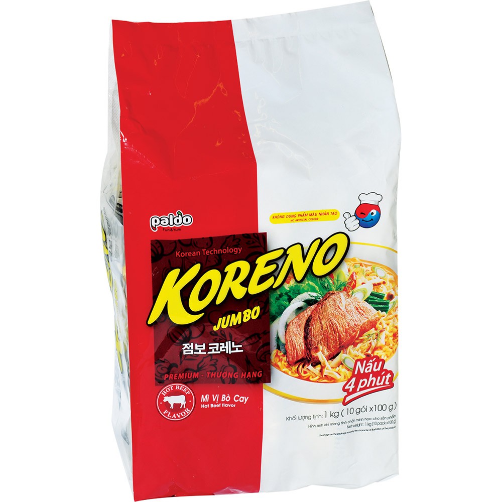 Túi 10 gói mì Koreno Jumbo vị bò cay, vị kim chi 100g