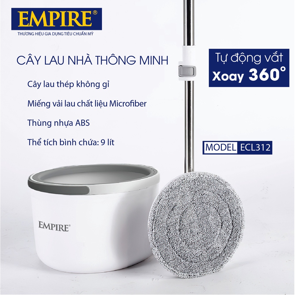 Cây lau nhà tiết kiệm nước thông minh, tự vắt xoay 360 độ, tặng 2 bông lau microfibe empire 312