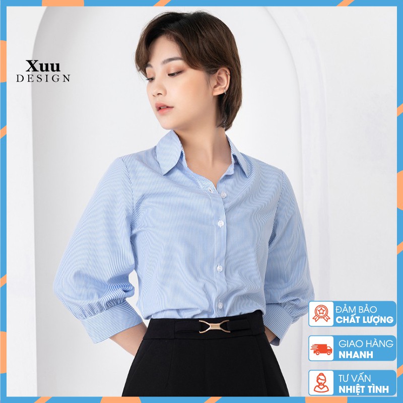 Áo Sơ Mi Nữ Kẻ Xanh tay bồng 💖Xuu Design💖 Sơ mi kiểu tay bồng cổ V chất đẹp -Thời trang thiết kế SMK10