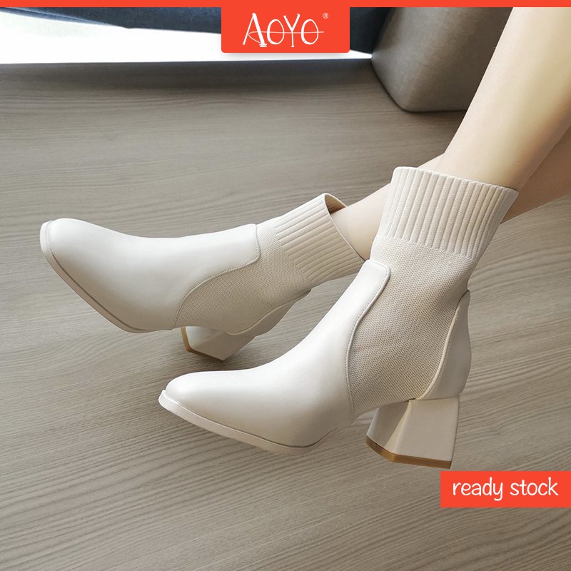 Giày bốt cao gót vải dệt kim mỏng co giãn thoáng khí phong cách Hàn Quốc thời trang thu đông dành cho nữ  | BigBuy360 - bigbuy360.vn
