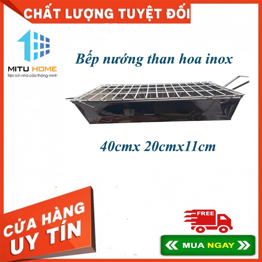 Bếp nướng than hoa inox kèm vỉ nướng loại 40cmx 20cm - MITUHOME