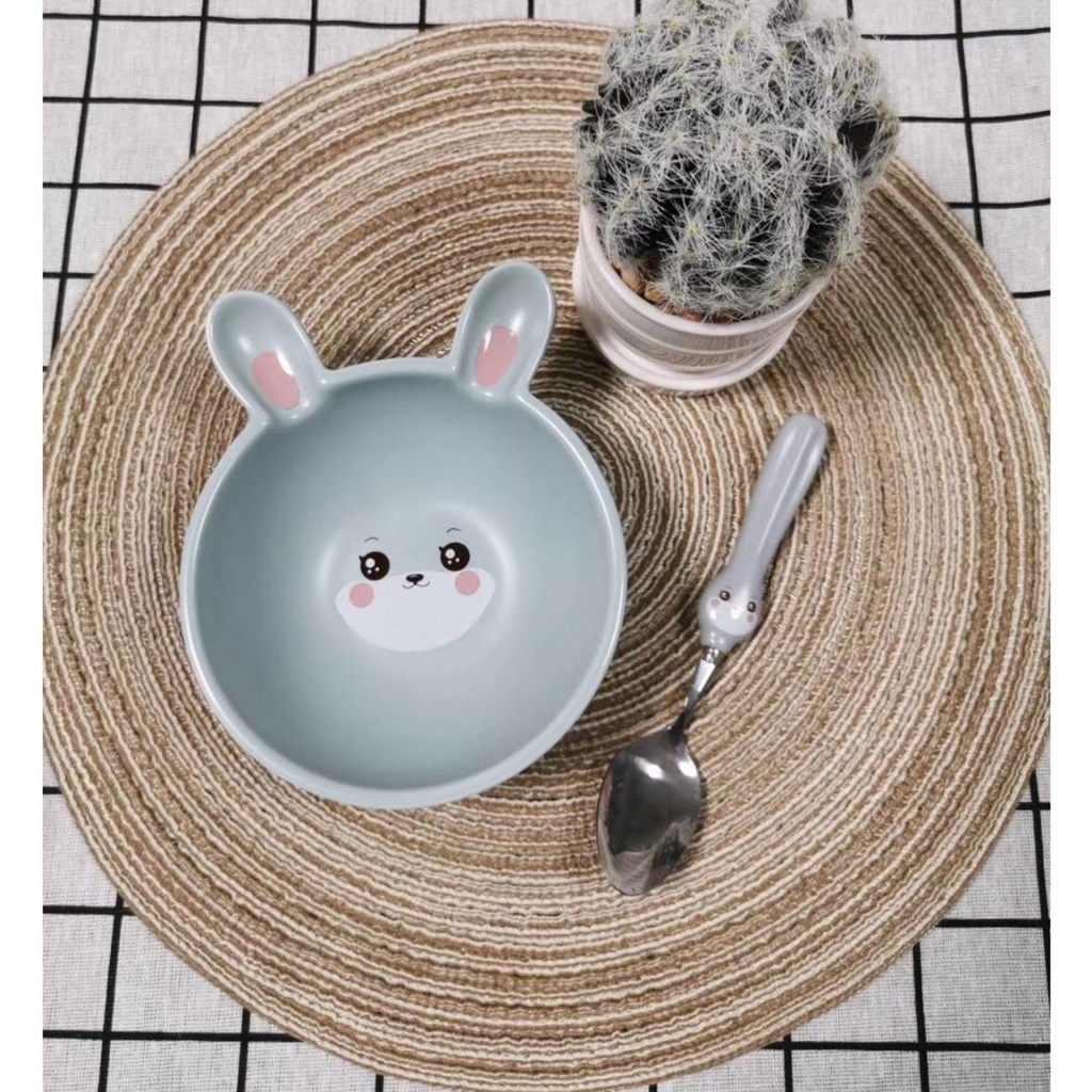 Bát sứ ăn dặm hình thỏ hồng, cún vàng, mèo trắng 15cm