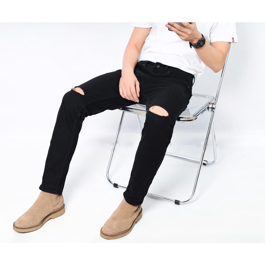 Quần jean đen rách gối DEFOXX form slimfit - Quần jeans nam cao cấp 201014 | LA STORE MENSWEAR