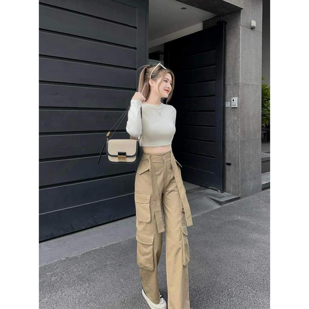 Set đồ nữ cá tính 2 món quần dài ống rộng lưng cao có khuy gài kèm áo croptop thun dài tay ôm body cực xinh