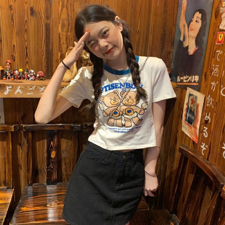 Áo Thun Crop Top Tay Ngắn Vải Cotton In Hình Gấu Thời Trang 2022 Cho Nữ