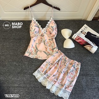 Mã FSSHOT16 giảm 15% tối đa 50k đơn từ 300k_ Bộ đồ ngủ nữ lụa phối ren sexy VAYN010 cao cấp có mút nâng ngực