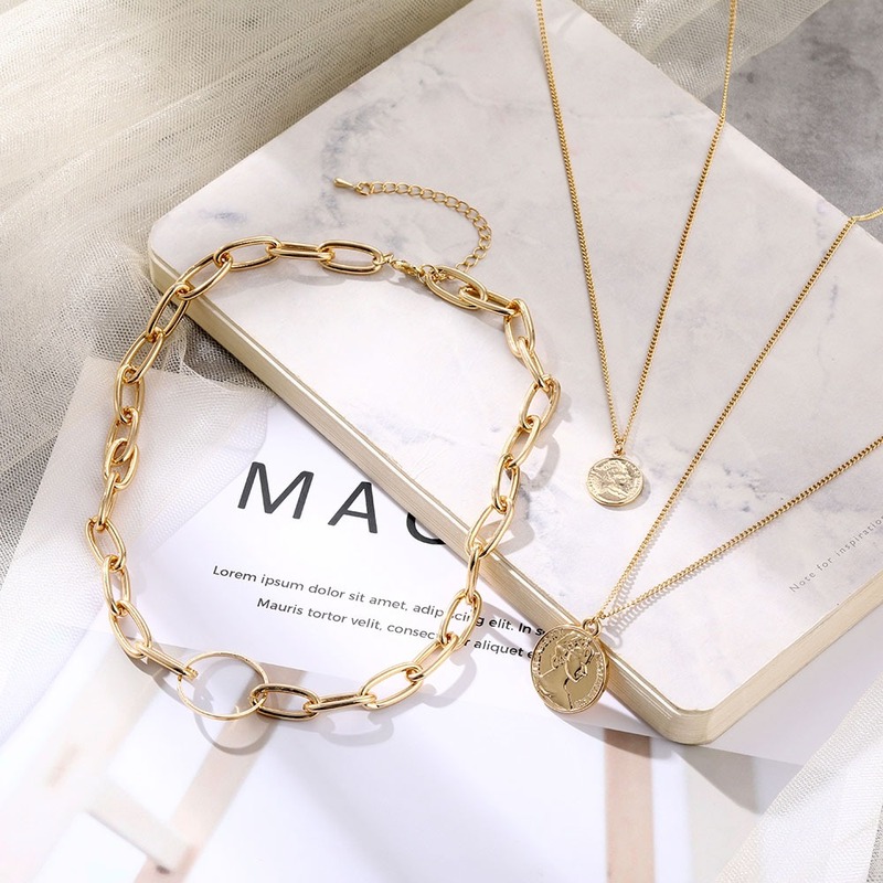 Korean New Style Butterfly Multi-layer Pendant Necklace Ins Hip-hop Square Piece Moon Map Gold Chain Jewelry