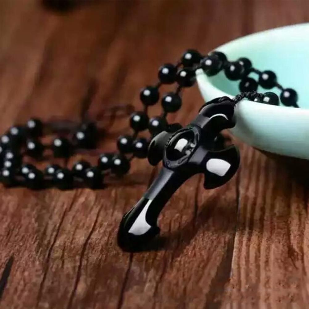 Chuỗi Hạt Đá Obsidian Tự Nhiên Màu Đen Chạm Khắc Chữ Thập May Mắn I3Y6