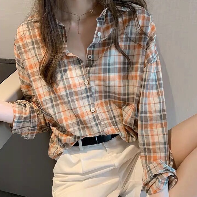Áo sơ mi RENJIANVSHENG tay dài dáng rộng cỡ lớn họa tiết sọc caro phong cách Hồng Kông thời trang trẻ trung