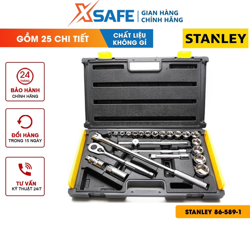 Đầu tuýp bộ 1/2 INCH 25 chi tiết STANLEY 86-589-1 thép CR-V cao cấp Đầu tiếp Stanley phủ lớp chống gỉ sét, độ bền cao